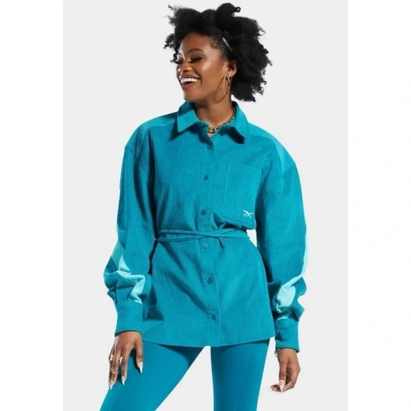 Reebok x Cardi B Seaport Teal Corduroy Cover-Up Shirt Jacket Size XS - Picture 1 of 12